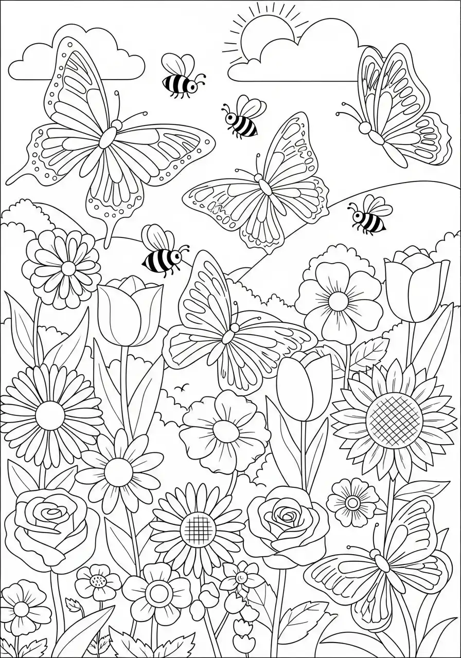 vlinders boven een bloemenveld kleurplaat