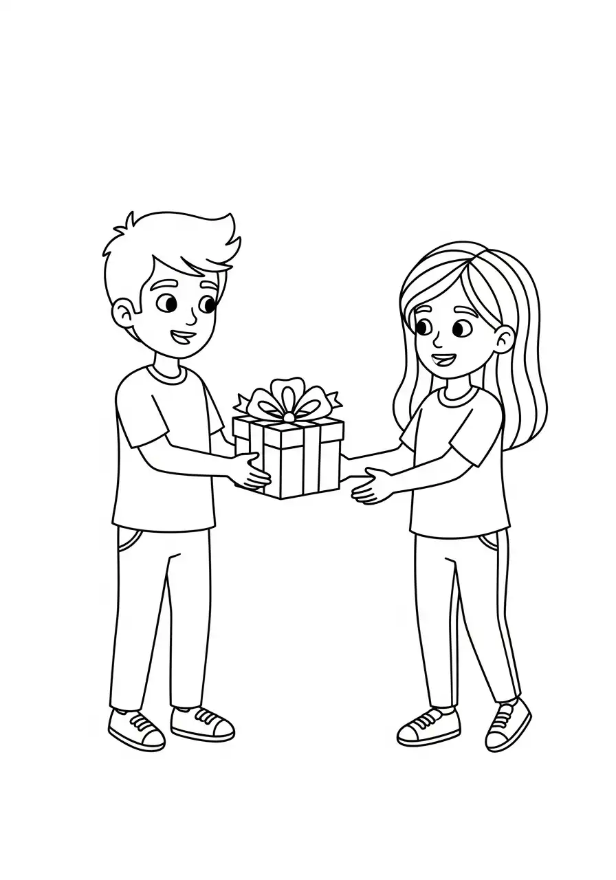 vrienden geven cadeau kleurplaat