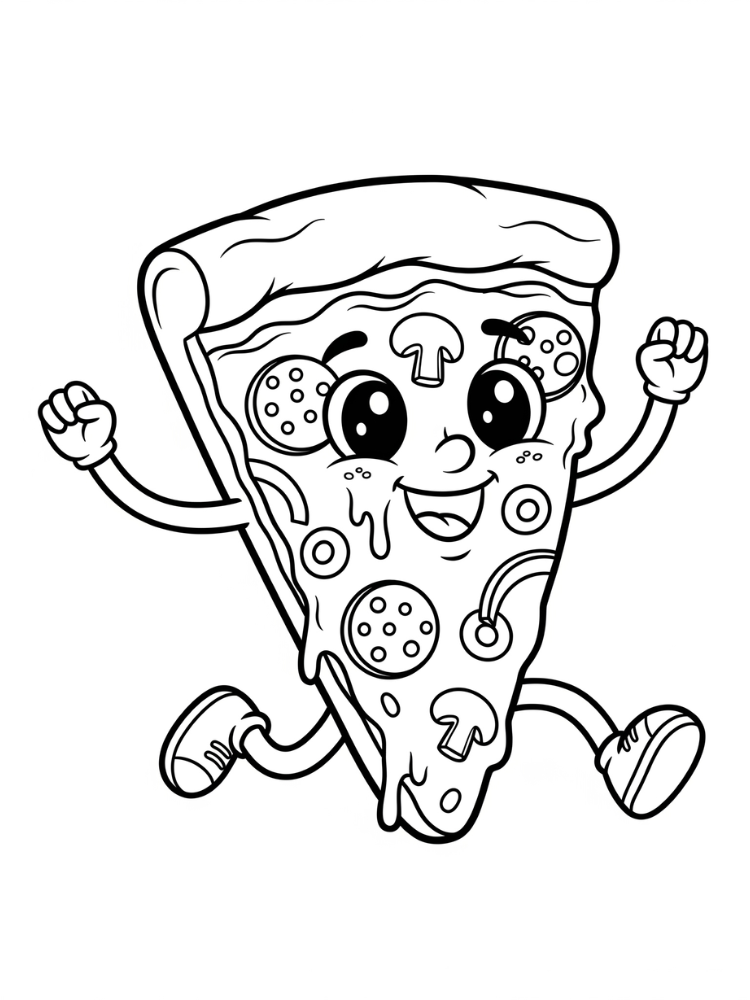 kleurplaat Pizza 26 vrolijk lopend pizzapunt kleurplaat