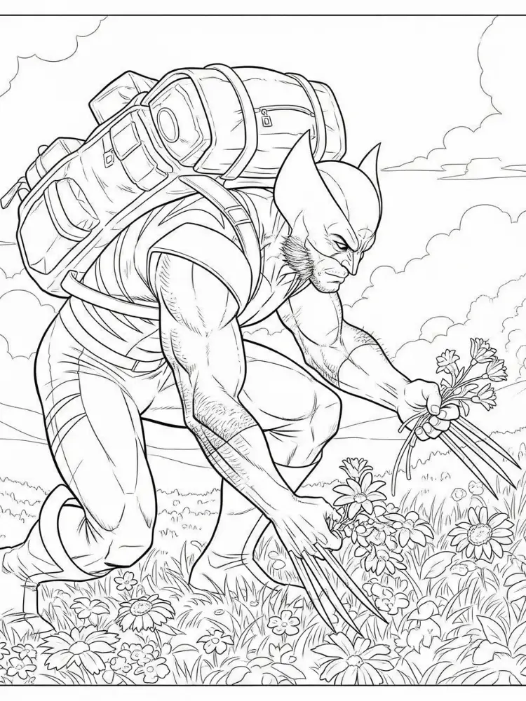 Keurplaat van Wolverine 16 wolverine plukt bloemen met rugzak kleurplaat