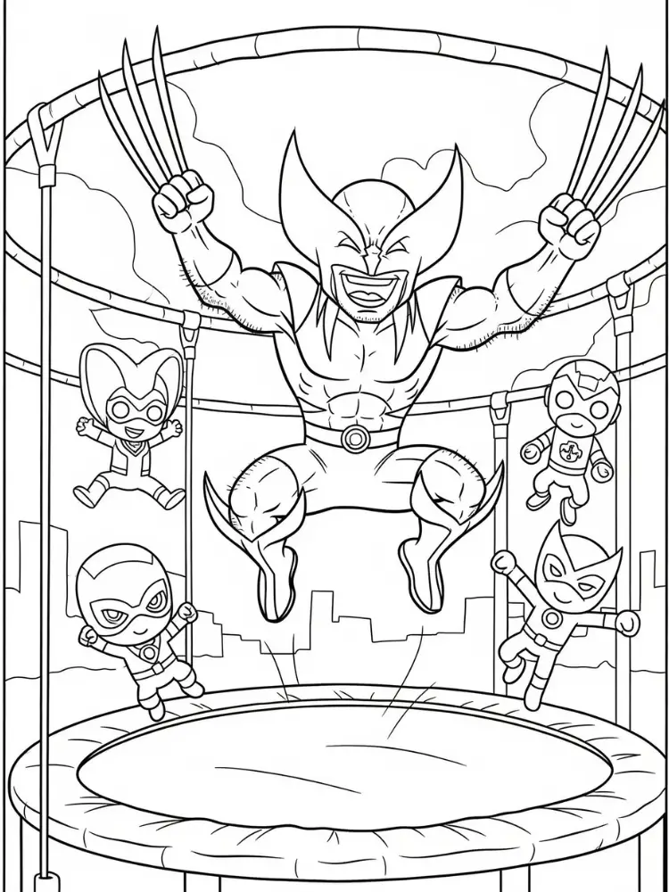 Keurplaat van Wolverine 14 wolverine springt op trampoline met vriendjes kleurplaat