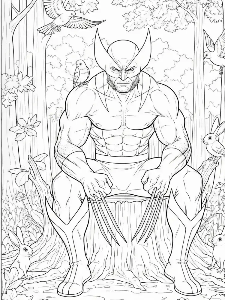 Keurplaat van Wolverine 13 wolverine zit op boomstam in het bos kleurplaat