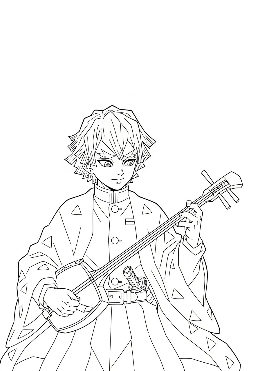 Kleurplaat Zenitsu 15 zenitsu speelt shamisen in kimono kleurplaat