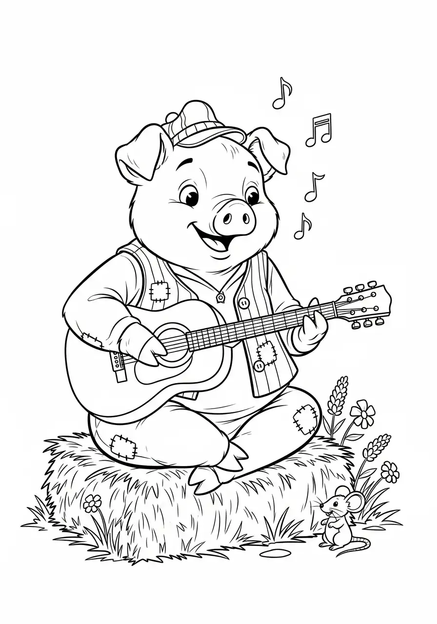 zingend varken met gitaar op strobaal kleurplaat