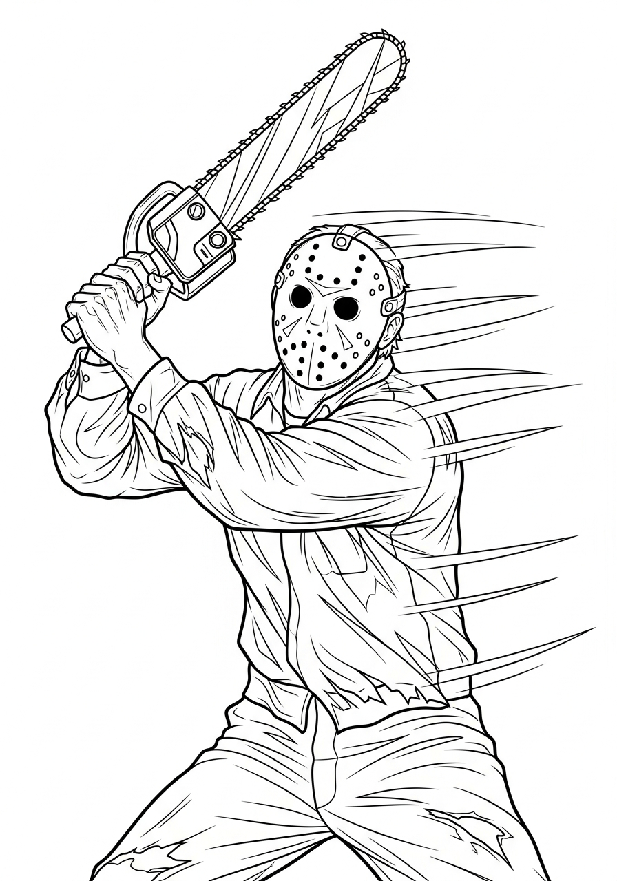 Kleurplaat Jason Voorhees 9 actie met de kettingzaag kleurplaat