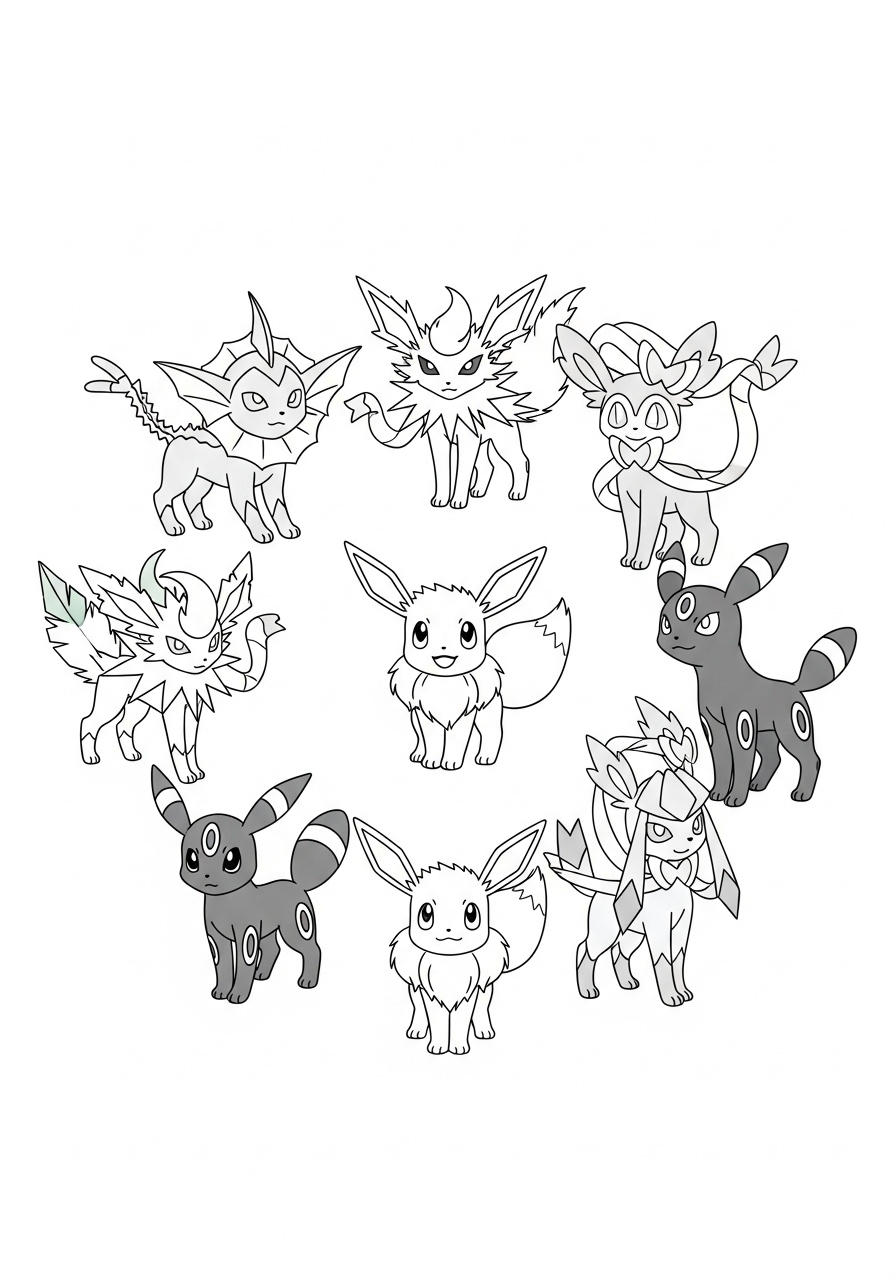 alle eevee evoluties samen illustratie kleurplaat