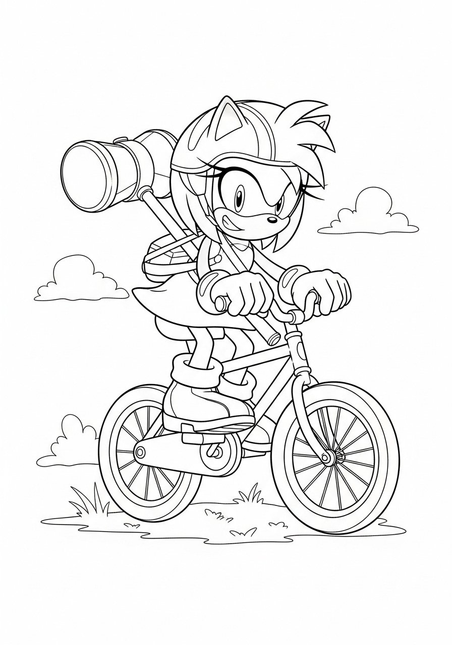 Kleurplaat Amy Rose 9 amy rose rijdt op fiets met hamer kleurplaat