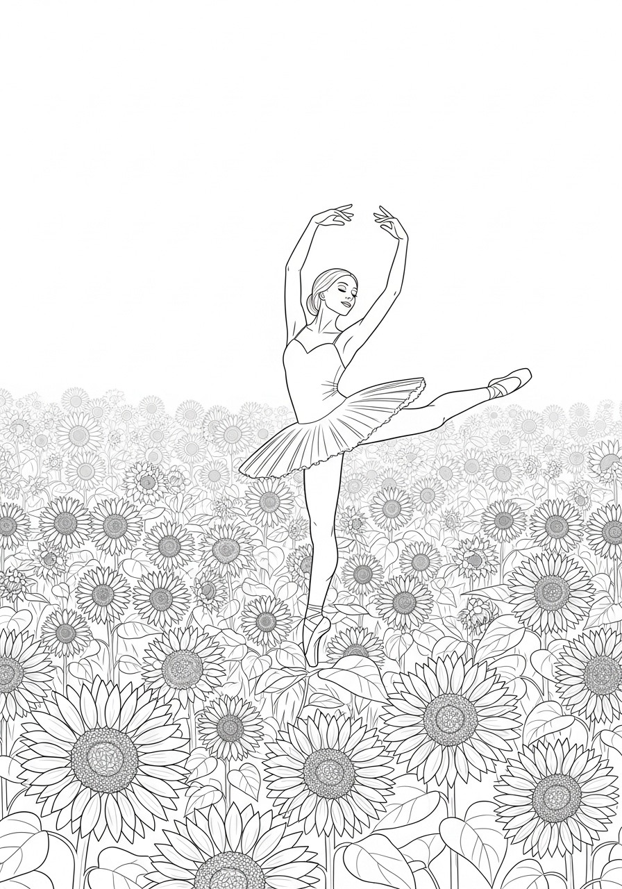 Ballerina Kleurplaat 21 ballerina danst in veld vol zonnebloemen kleurplaat