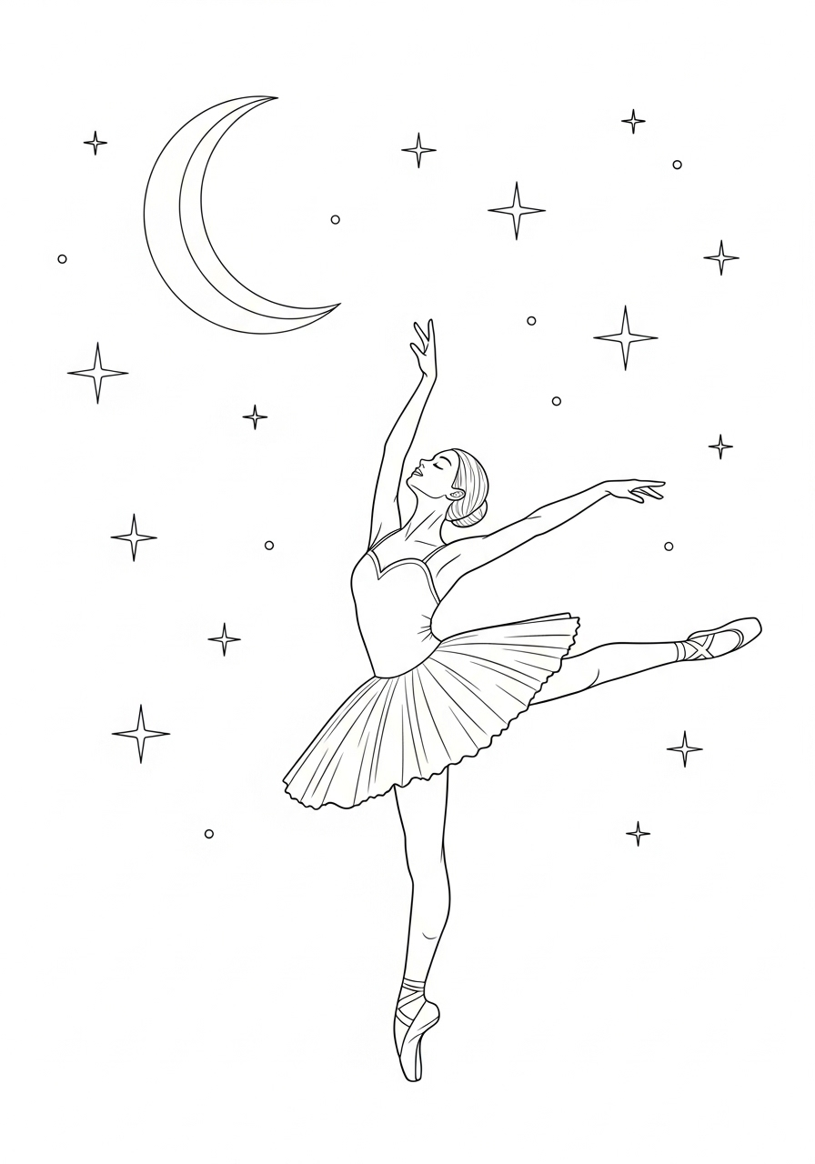 Ballerina Kleurplaat 20 ballerina danst onder de maan en sterren kleurplaat