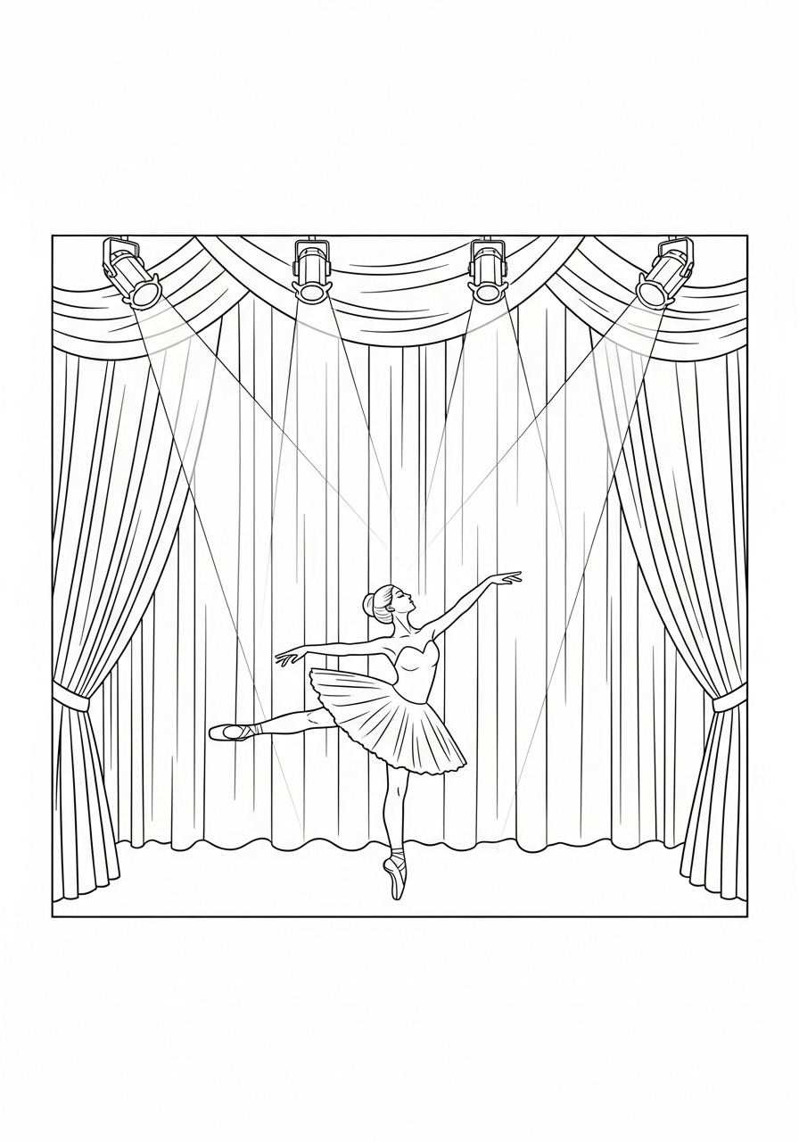 Ballerina Kleurplaat 14 ballerina op het podium met gordijnen kleurplaat