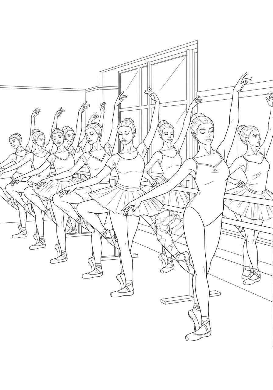 Ballerina Kleurplaat 12 ballerina trainende groep in de balletstudio kleurplaat