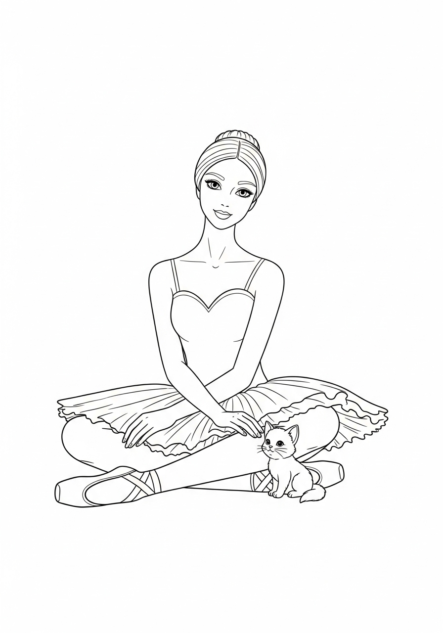 Ballerina Kleurplaat 10 ballerina zittend met kleine kat kleurplaat