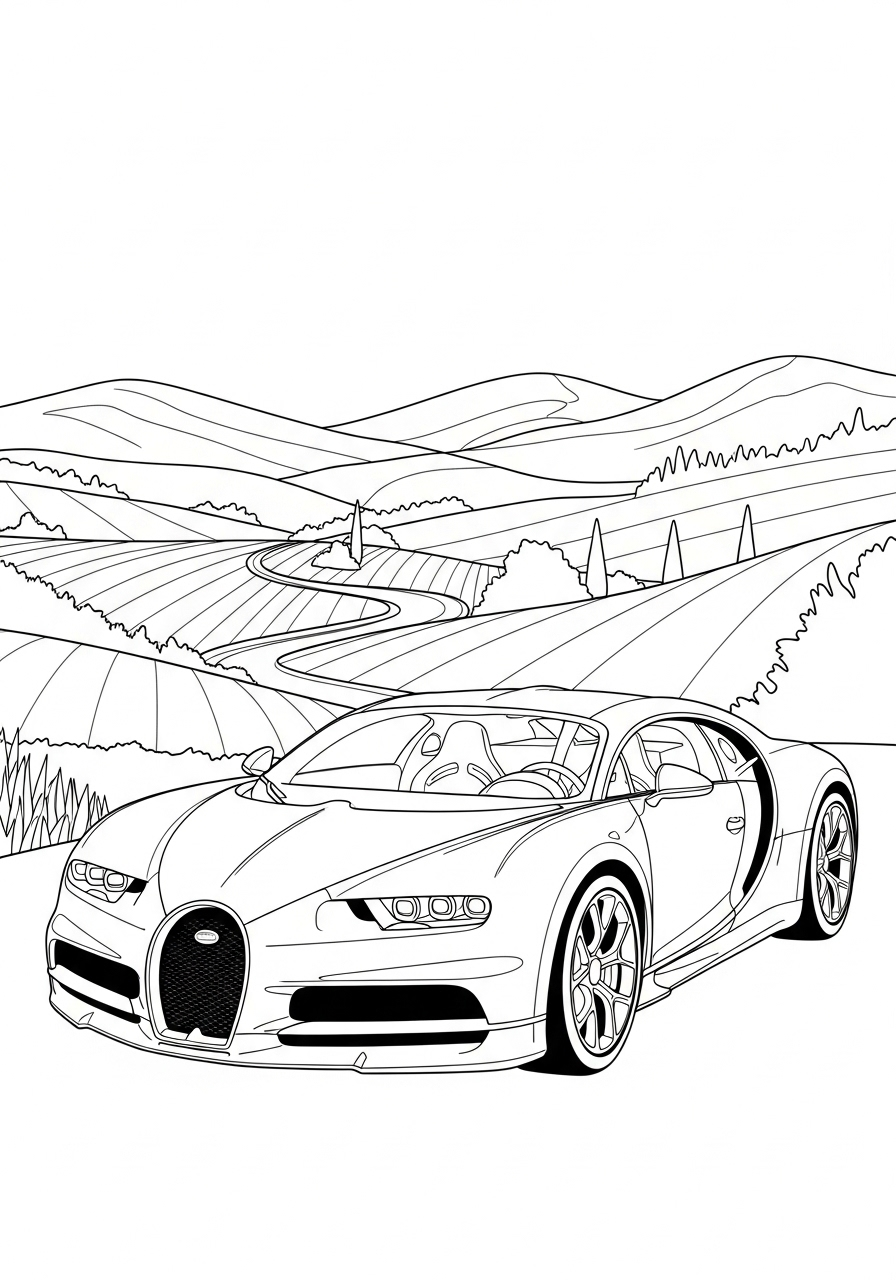 Kleurplaat Bugatti 16 bugatti sportwagen op de weg kleurplaat