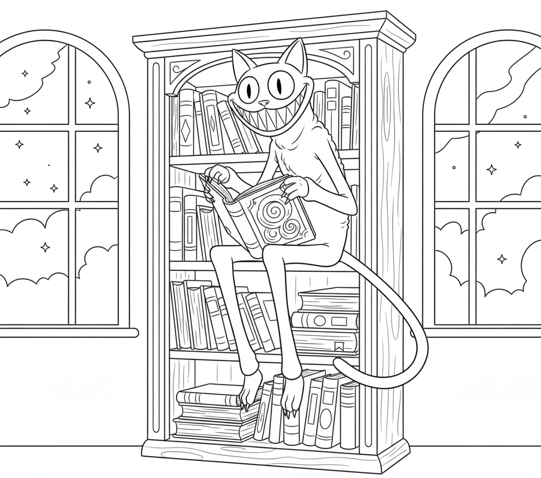 Kleurplaat Catnap 10 catnap zittend op boekenplank met magisch boek kleurplaat