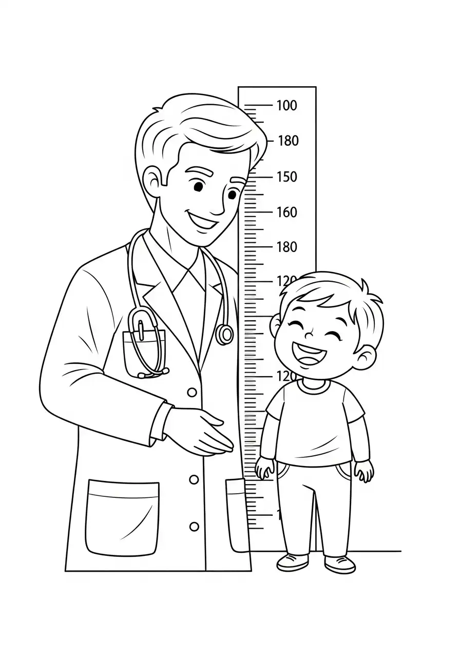 dokter meet jongen met groeimeter kleurplaat