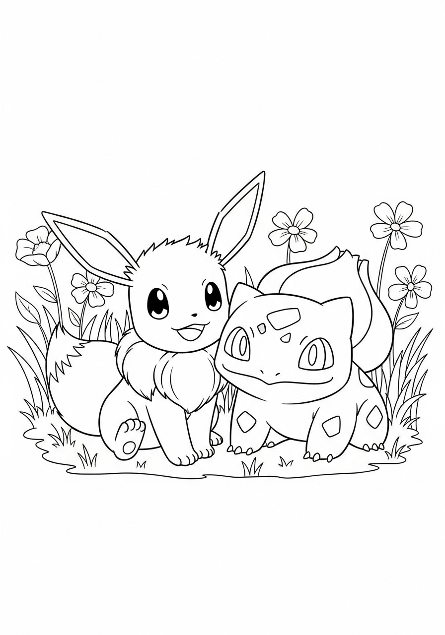 eevee en bulbasaur tussen bloemen kleurplaat