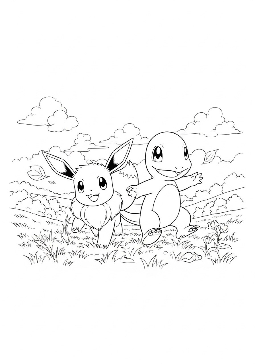 eevee en charmander in de weide kleurplaat