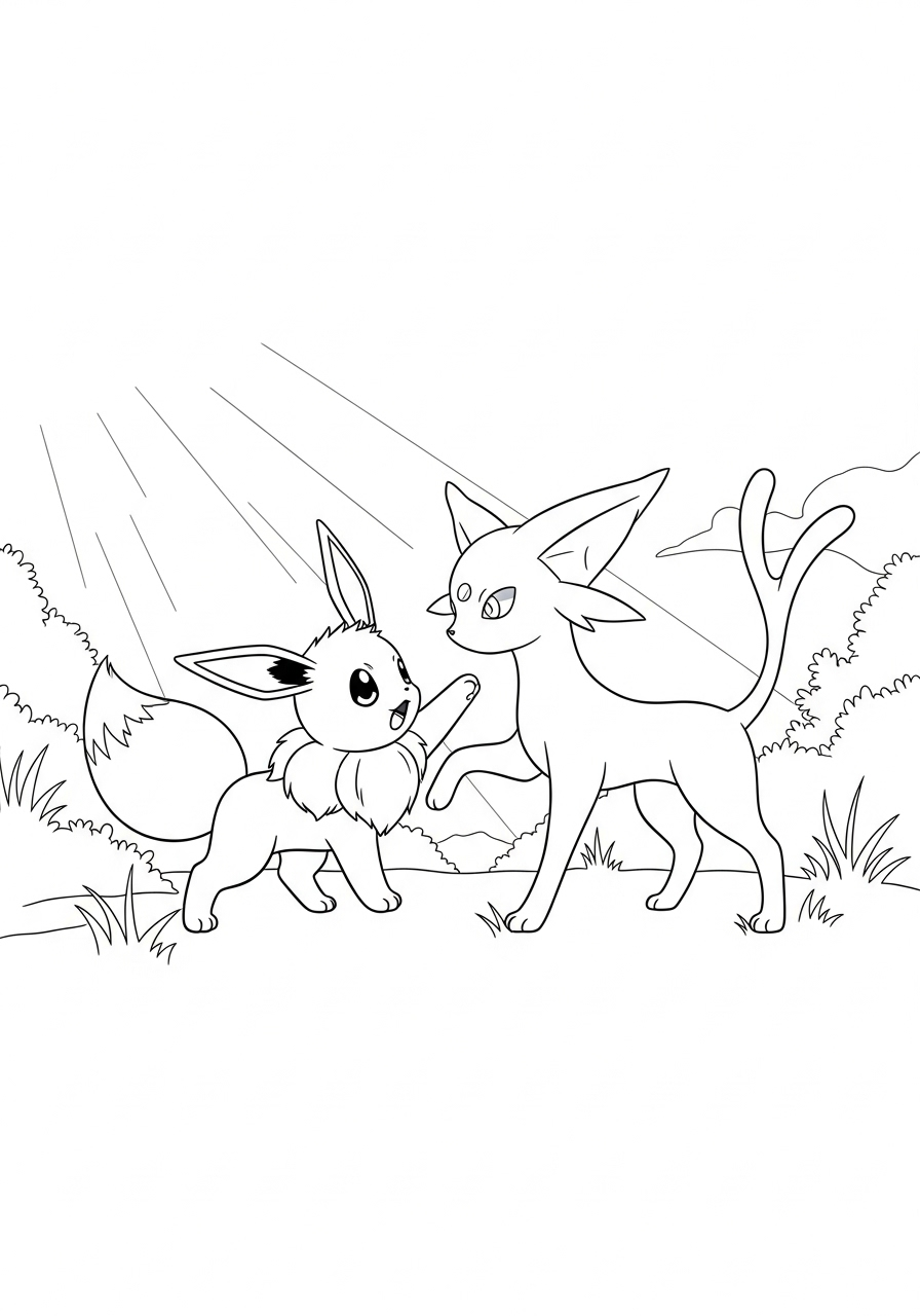 eevee en espeon samen in zonlicht kleurplaat