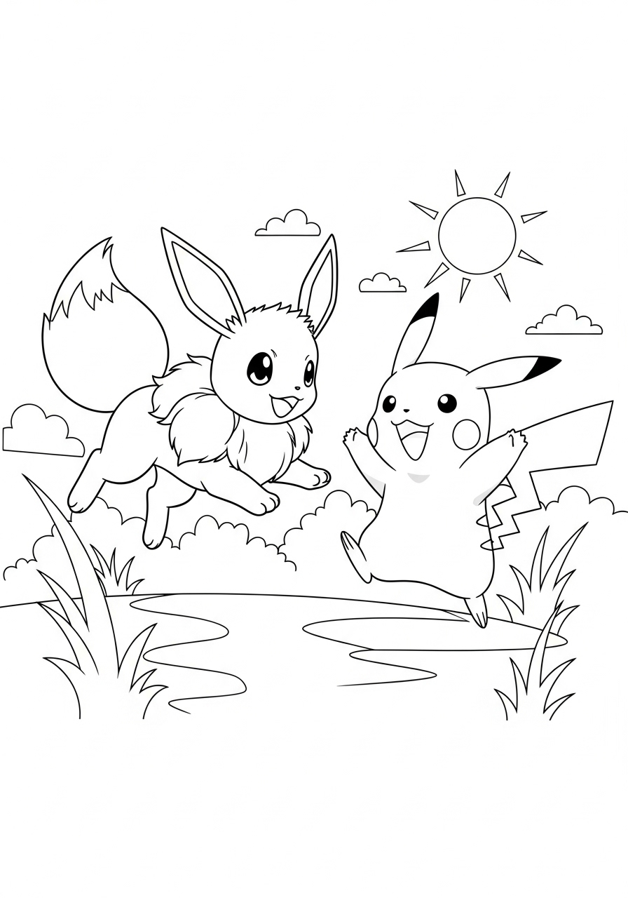eevee en pikachu bij de zon kleurplaat