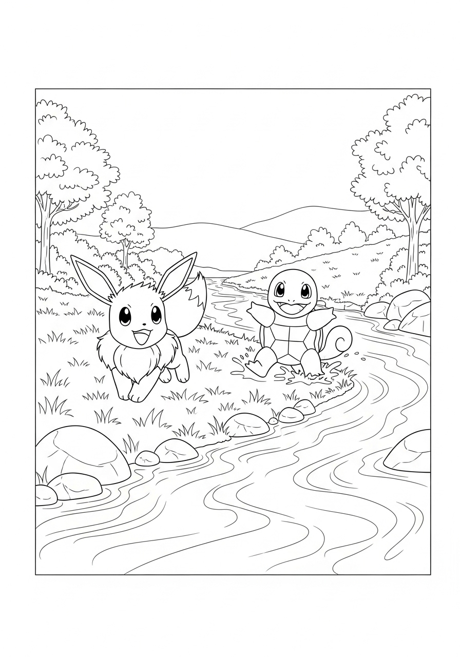 eevee en squirtle bij de rivier kleurplaat