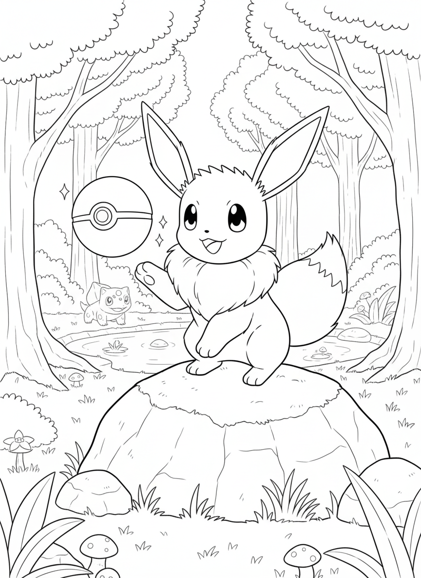 eevee met pokebal en bulbasaur op achtergrond kleurplaat