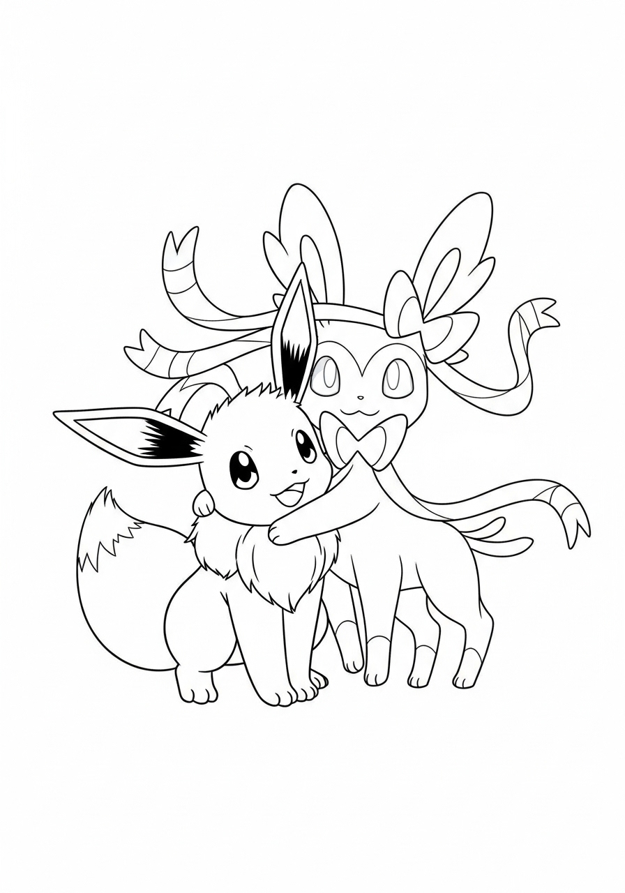 eevee met sylveon in vriendelijke omhelzing kleurplaat