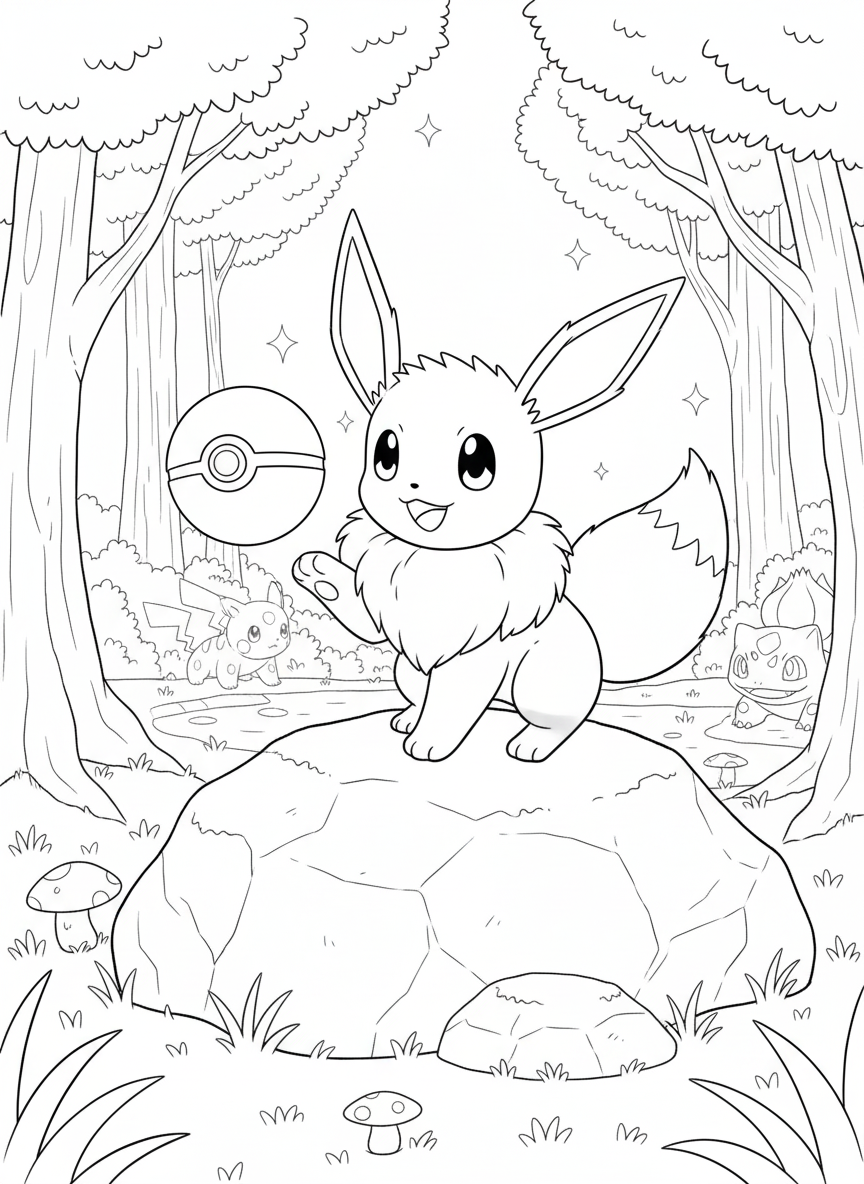 eevee op rots met pokebal in bos kleurplaat