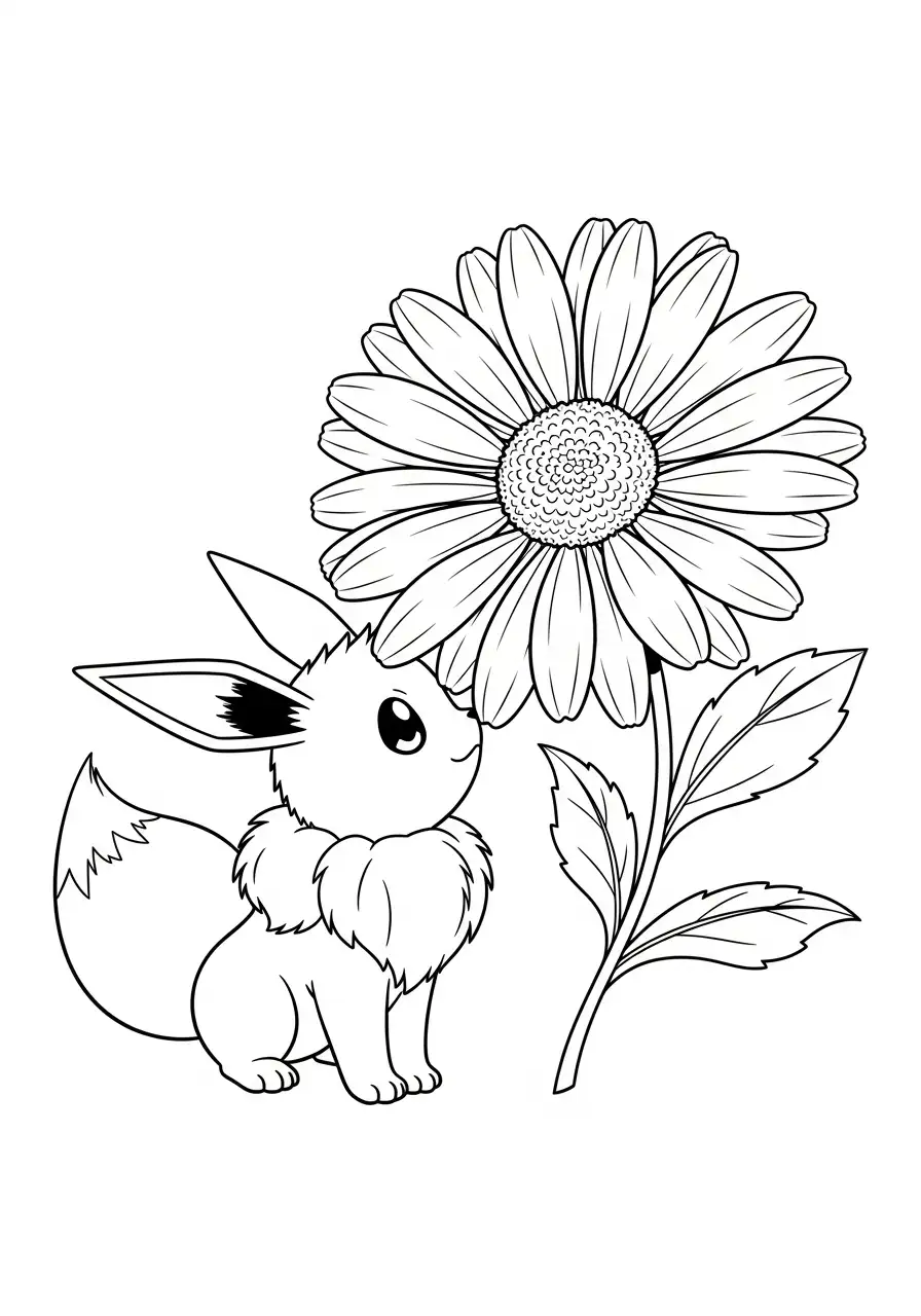 eevee ruikt aan een bloem kleurplaat