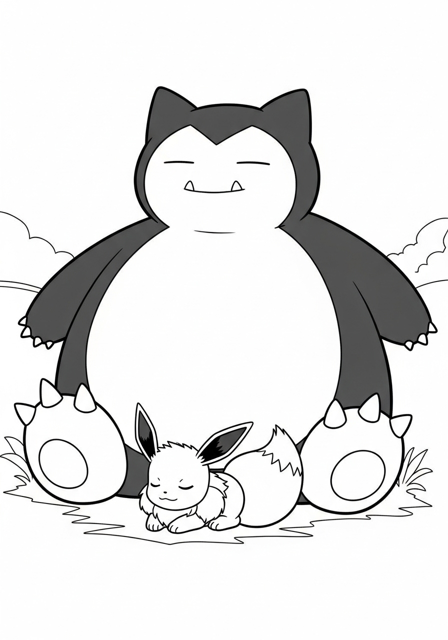 eevee slapend bij snorlax kleurplaat