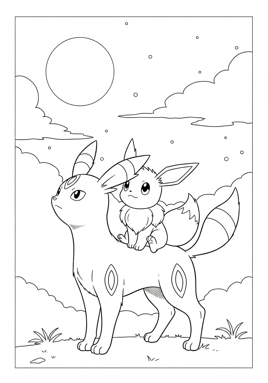 eevee zittend op umbreon bij volle maan kleurplaat