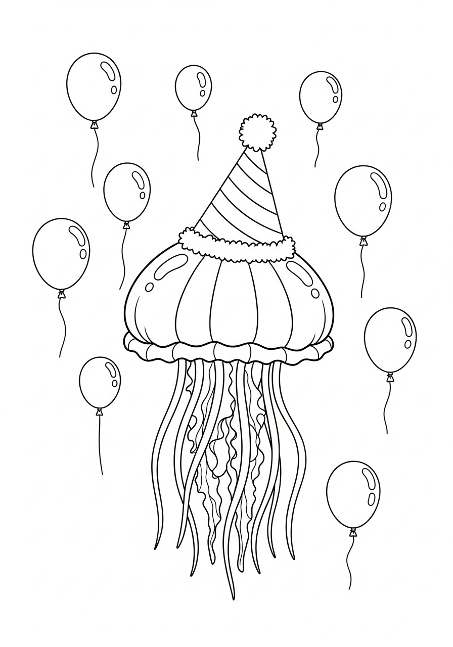 Kwal kleurplaat 17 feestelijke kwal met ballonnetjes kleurplaat