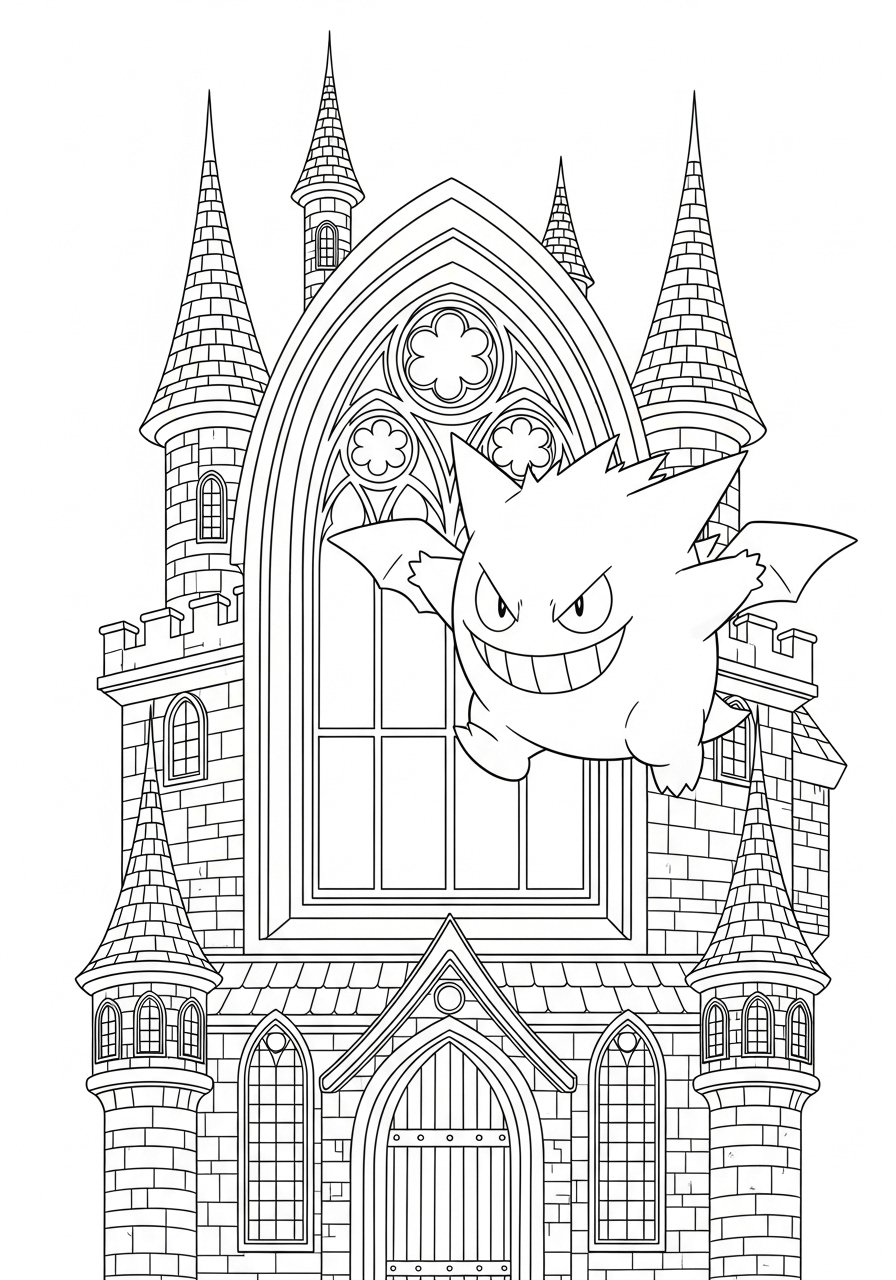 Gengar kleurplaat 23 gengar bij spookkasteel kleurplaat