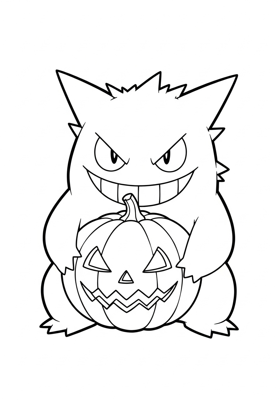 Gengar kleurplaat 17 gengar met pompoen halloween kleurplaat
