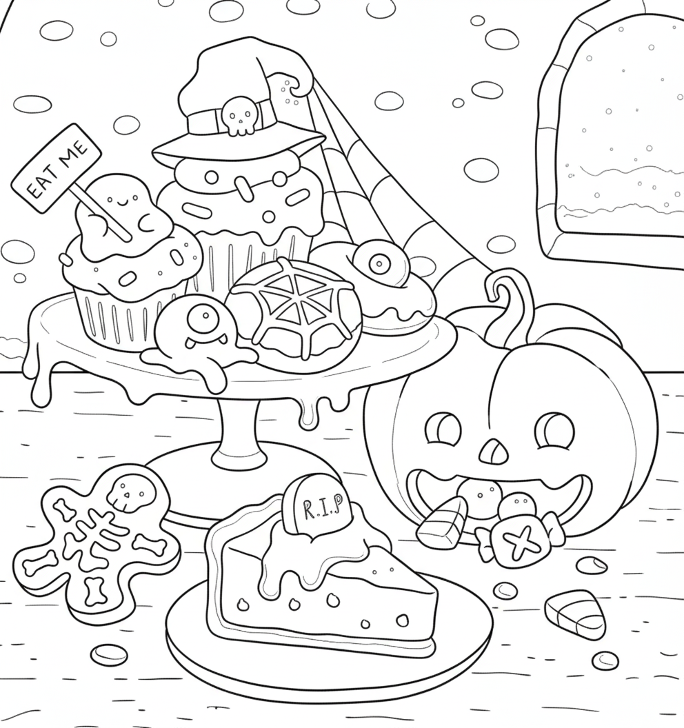 Kleurplaat Spooky Fuzzy 8 griezelige halloween snacks kleurplaat