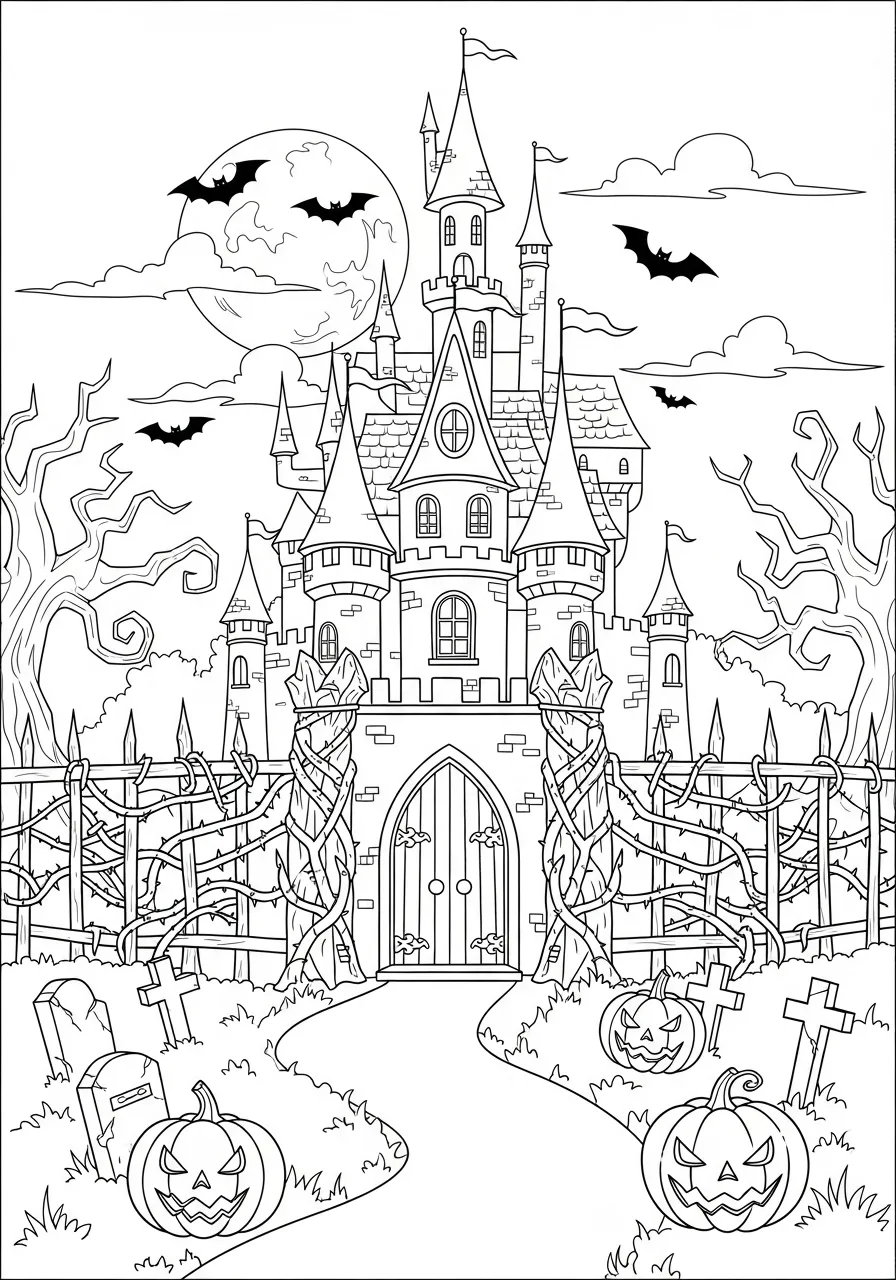 Kleurplaat Kasteel 23 halloween spookkasteel met pompoenen kleurplaat