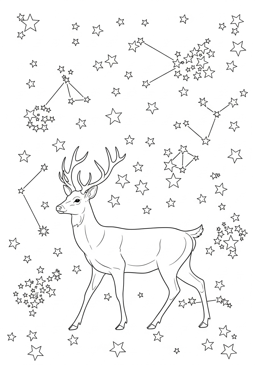 Hert Kleurplaat 16 hert tussen sterren en constellaties kleurplaat