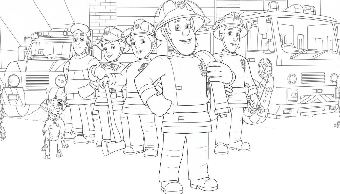 Brandweerman Sam kleurplaat 9 het hele team paraat kleurplaat