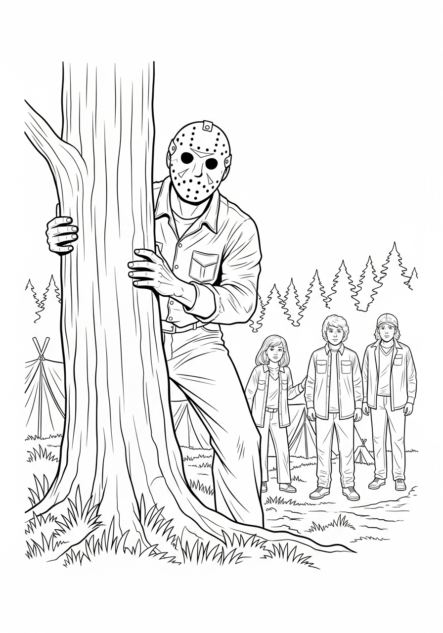Kleurplaat Jason Voorhees 8 jason voorhees achter boom kleurplaat