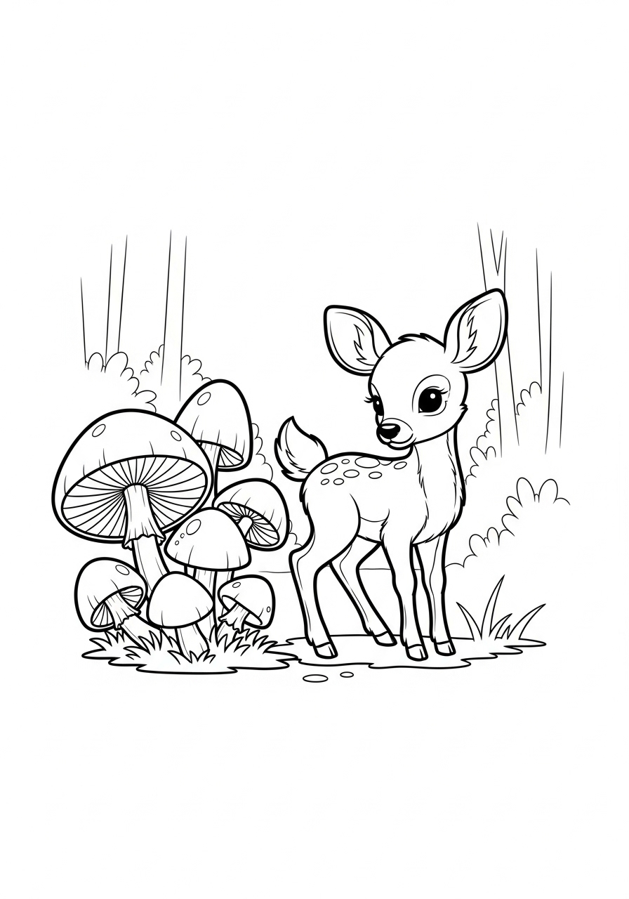 Hert Kleurplaat 17 jong hert bij paddenstoelen kleurplaat
