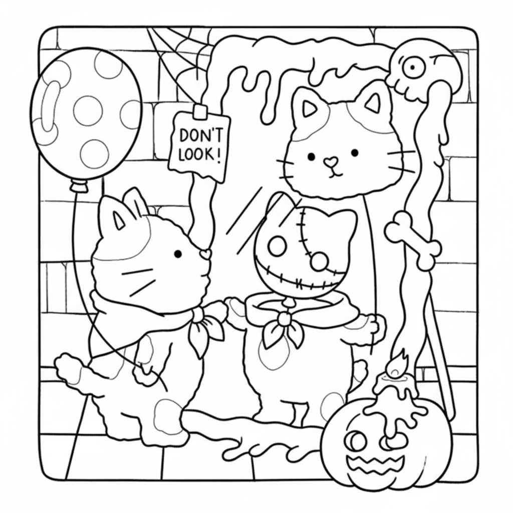 Kleurplaat Spooky Fuzzy 10 katten in spooky maskers kleurplaat