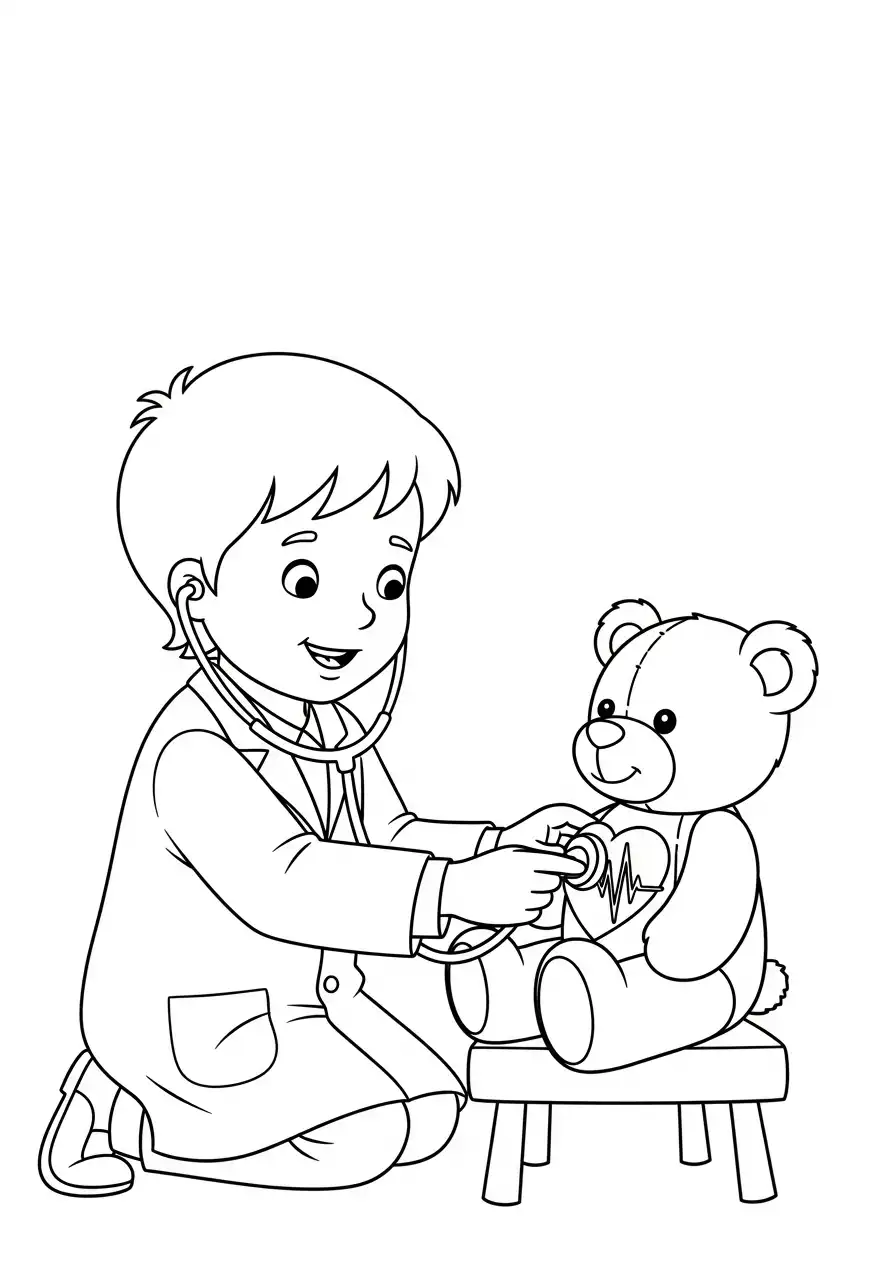 kind dokter onderzoekt teddybeer kleurplaat