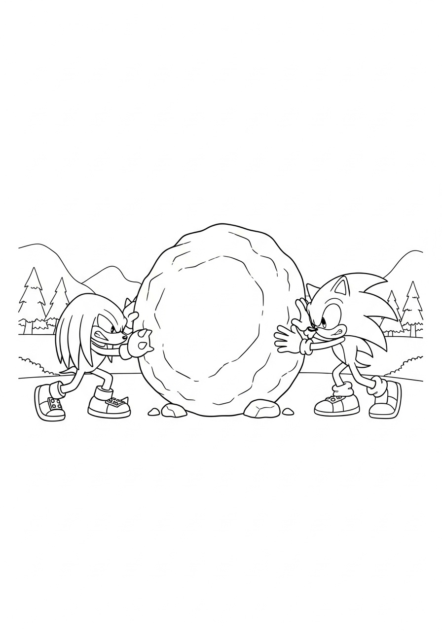 Kleurplaat Knuckles 9 knuckles en sonic duwen grote rots kleurplaat