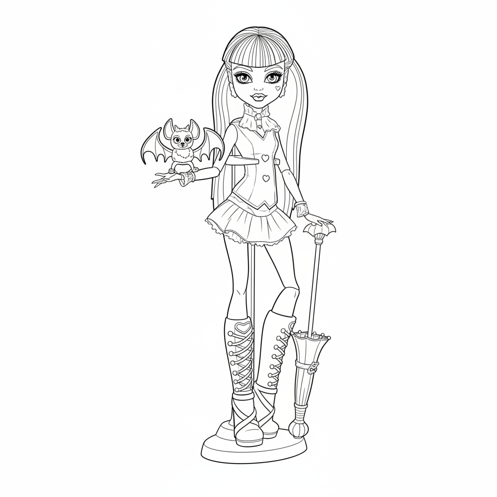 Kleurplaat van Monster High 21 monster high draculaura met huisdier kleurplaat