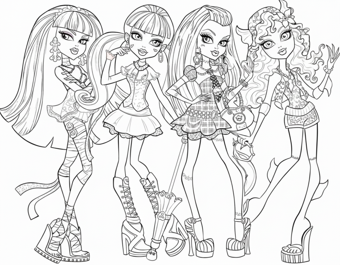 Kleurplaat van Monster High 12 monster high popsterren samen kleurplaat