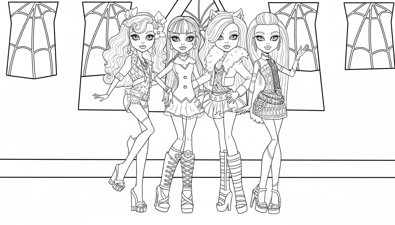 Kleurplaat van Monster High 13 monster high vriendinnen bij elkaar kleurplaat