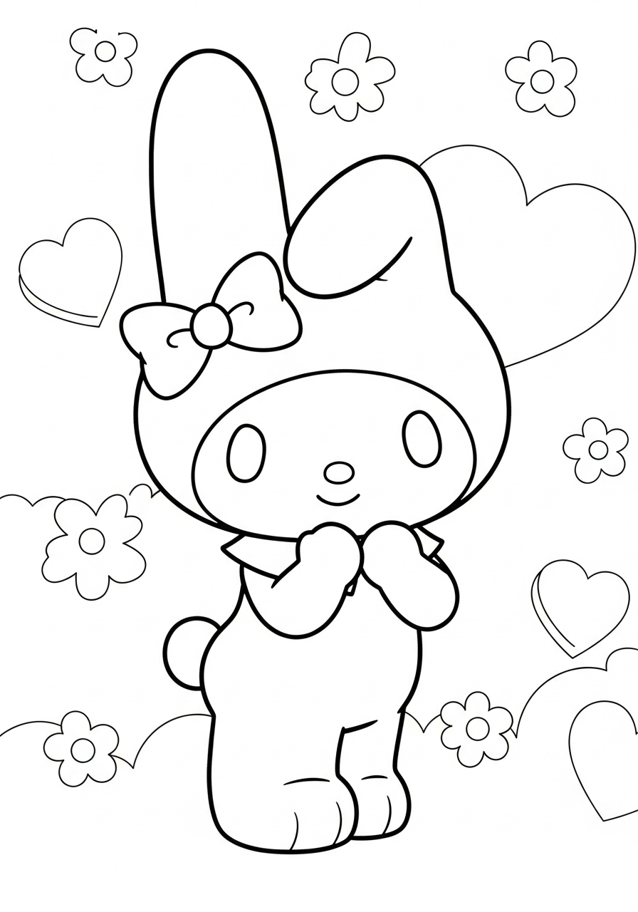Kleurplaat My Melody 8 my melody met hartjes en bloemen kleurplaat