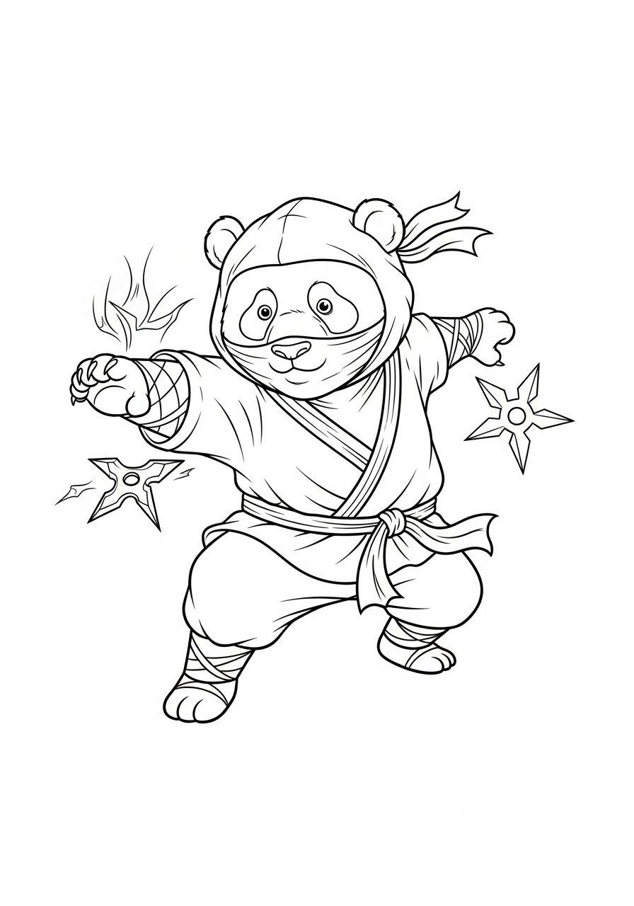 Kleurplaat Panda 28 ninja panda met sterren kleurplaat