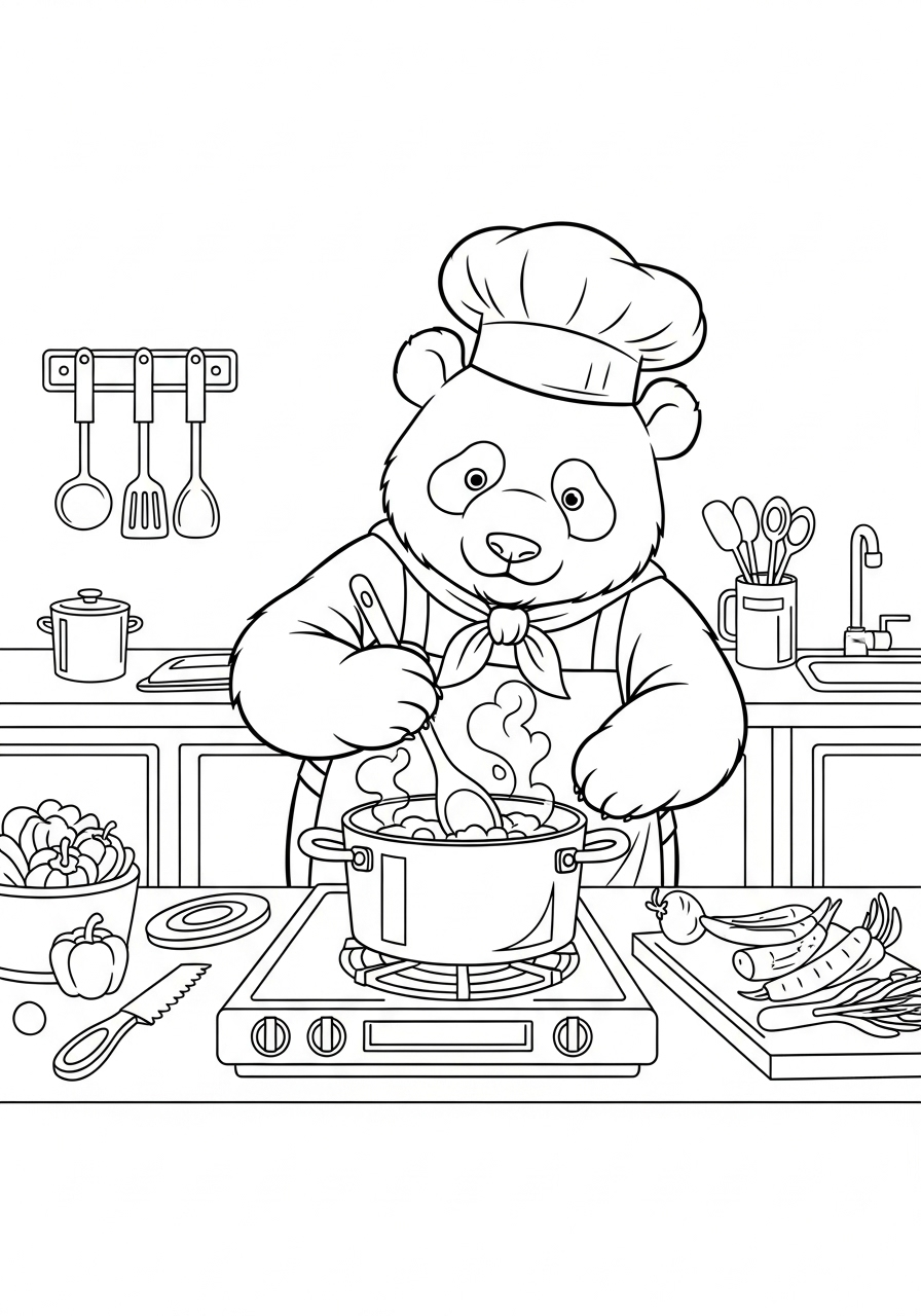 Kleurplaat Panda 23 panda kok in de keuken kleurplaat