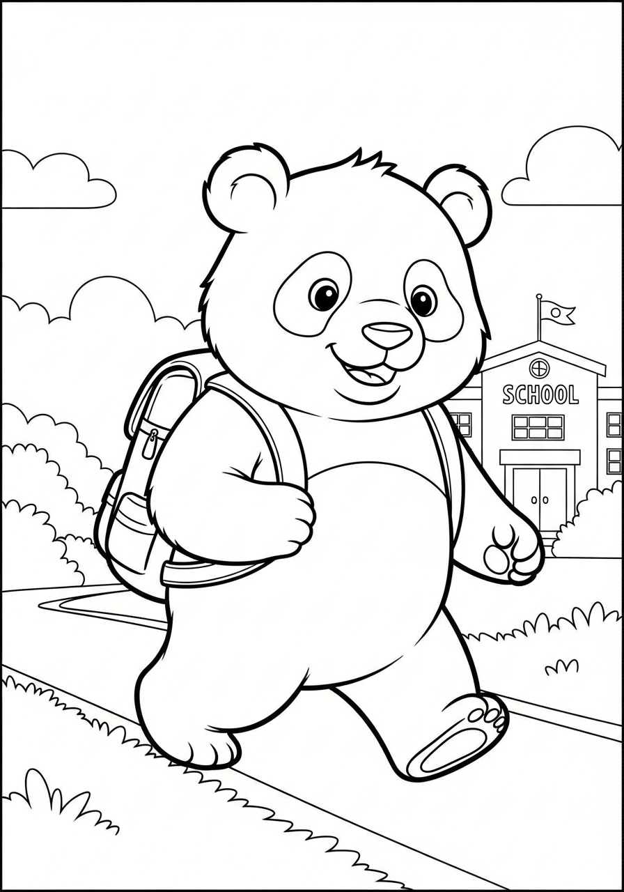 Kleurplaat Panda 18 panda naar school met rugzak kleurplaat
