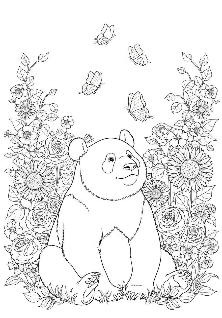 Kleurplaat Panda 12 panda tussen bloemen en vlinders kleurplaat
